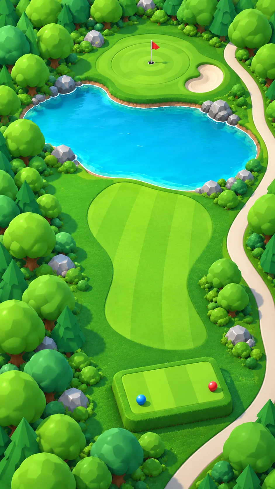 Concepto de un campo de golf rodeado de bosque y un lago